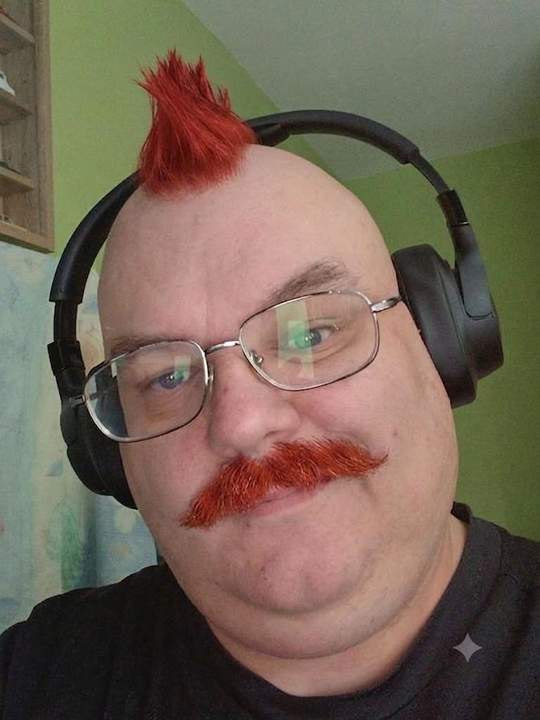 Darek w słuchawkach z irokezem