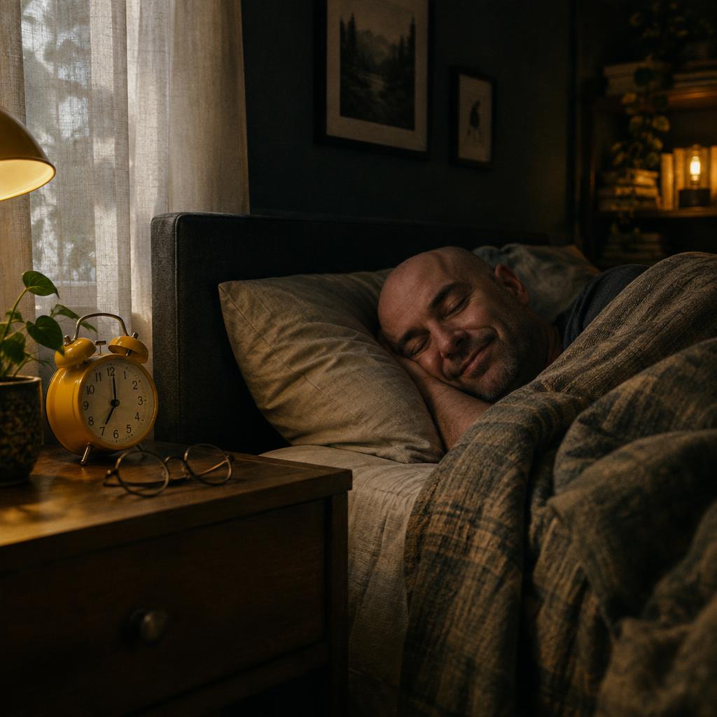 Darek śpi spokojnie w łóżku przy żółtym budziku